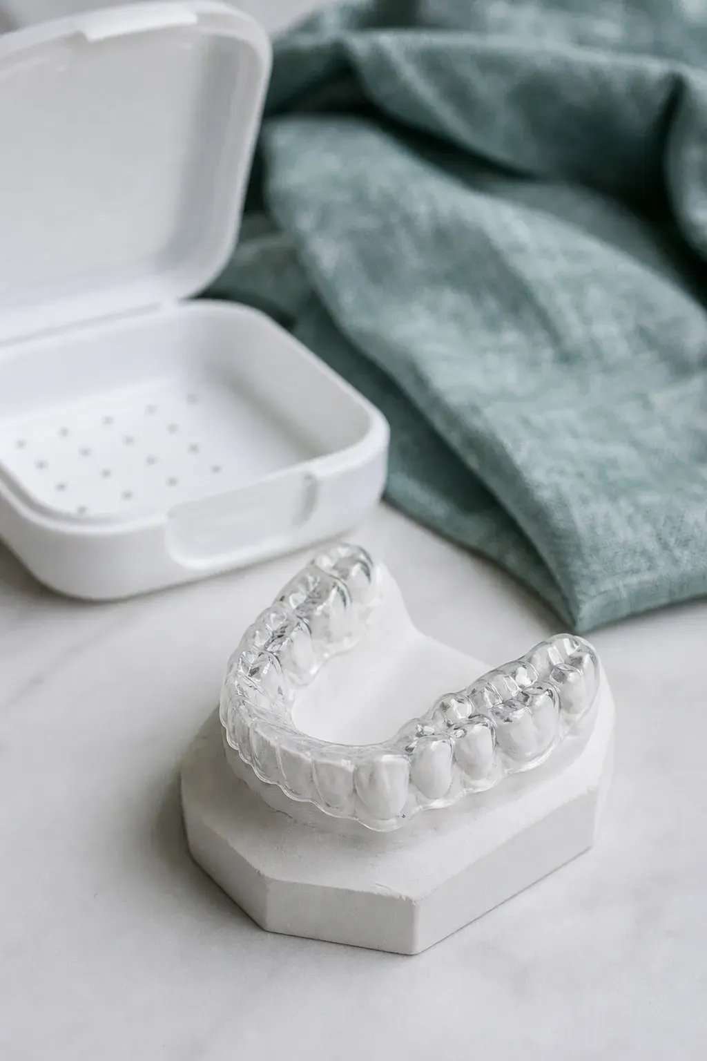 Before and after showing worn tooth surfaces protected by a custom night guard at Smile Brookline